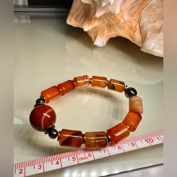 STRIPED AGATE + HAEMACHATES NATURAL STONES BRACELET size 7” - Picture 8 of 12